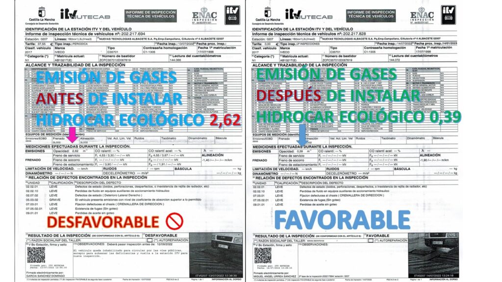 Informes de la ITV de una IVECO Daily diésel: desfavorable con 2,62 m-1 antes y favorable con 0,39 m-1 después de instalar HIDROCAR ECOLÓGICO