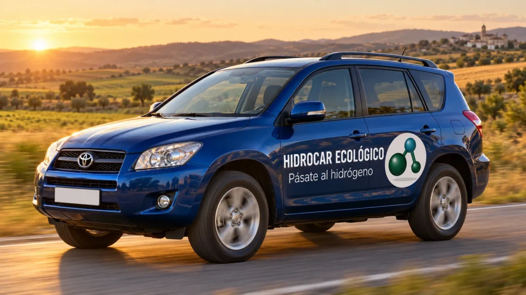 Toyota RAV4 diésel azul con el rótulo HIDROCAR ECOLÓGICO y el lema «Pásate al hidrógeno» en la puerta, en una carretera al atardecer
